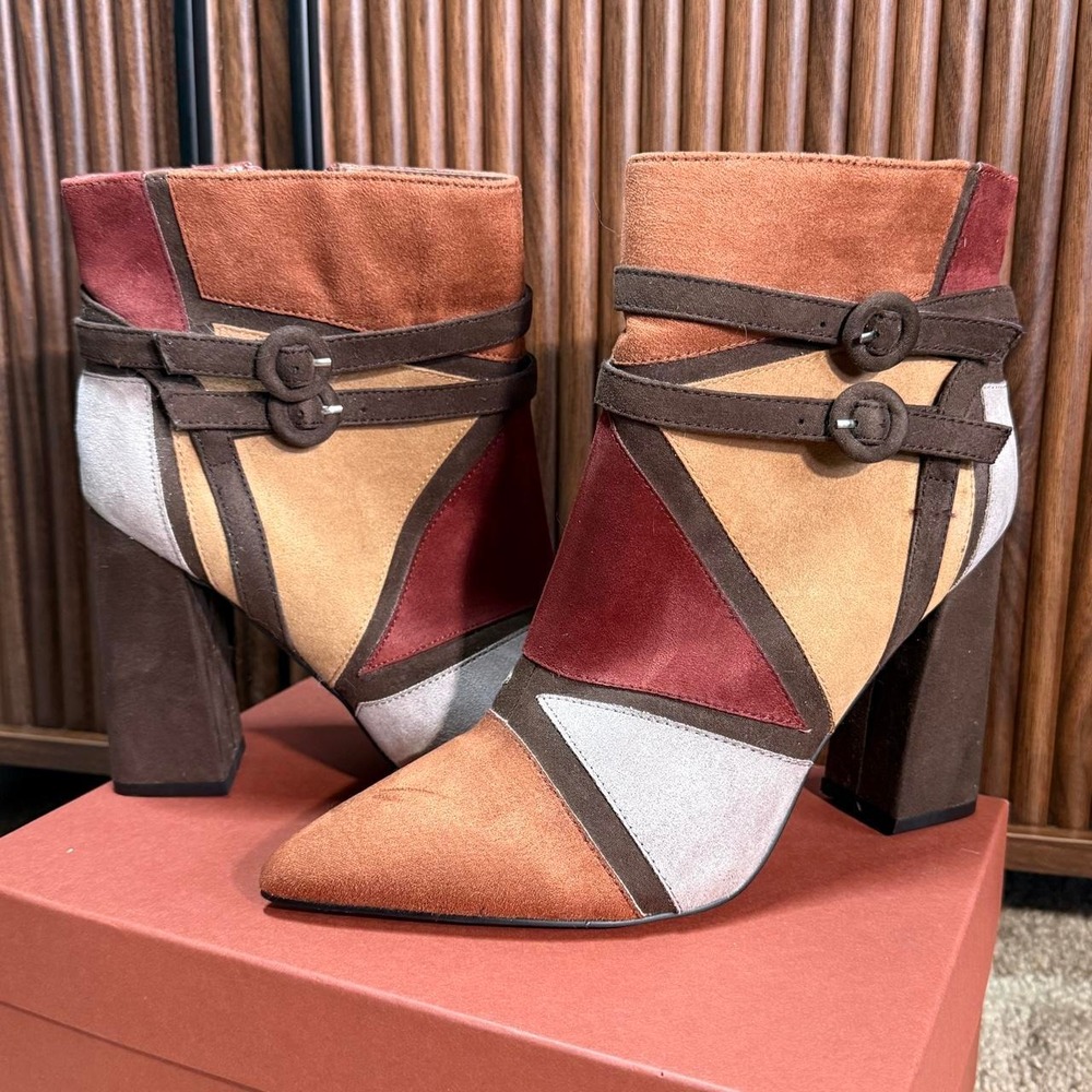 Colorblock Ankle Boots Block Heel Brown Burgundy Silver Buckle 9